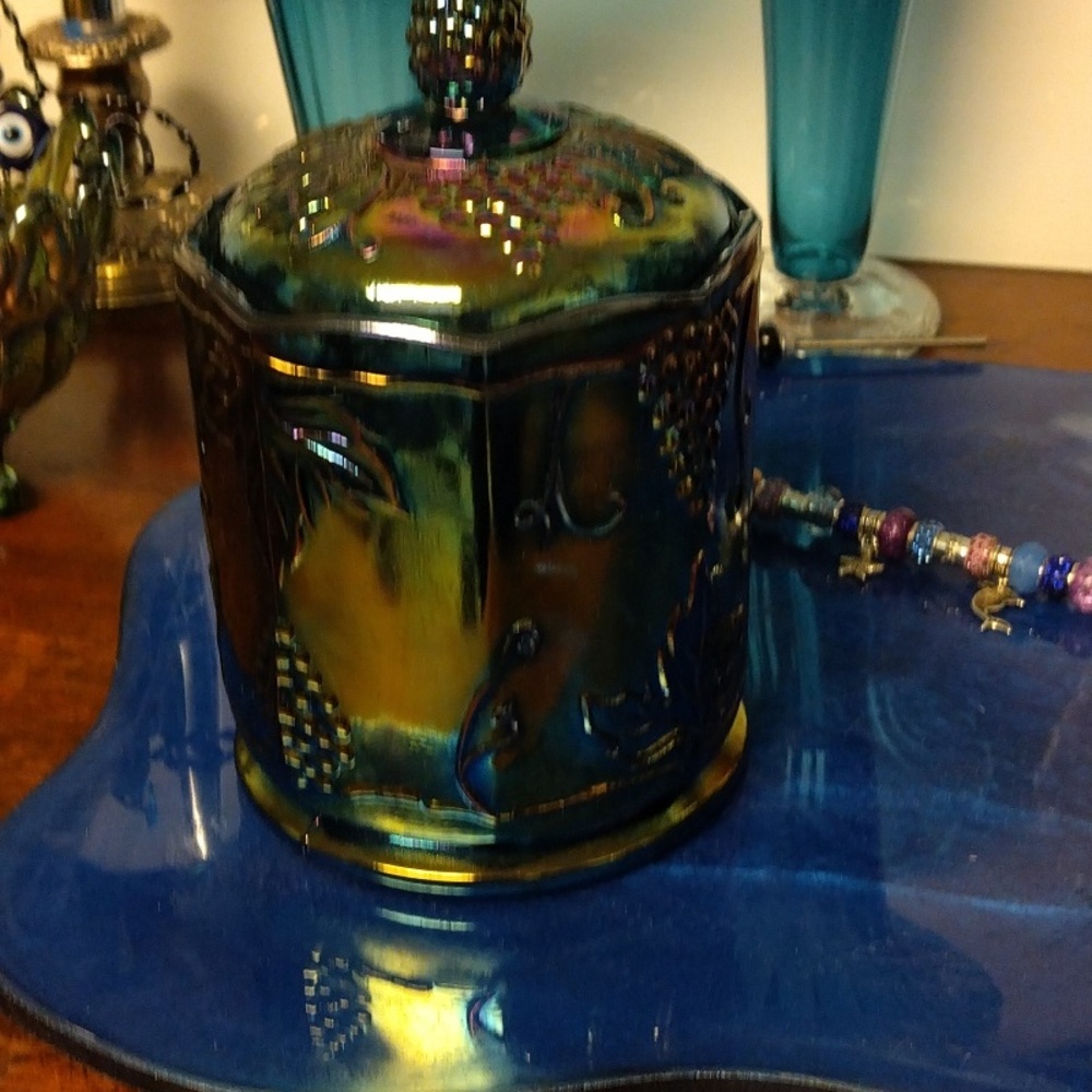 Vintage Indiana Glass Harvest Grape Blue Carnival 7" Glass Jar with Lid 1960s